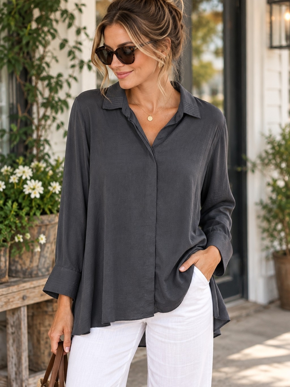 Chico's Charcoal Button-Down Relaxed Blouse